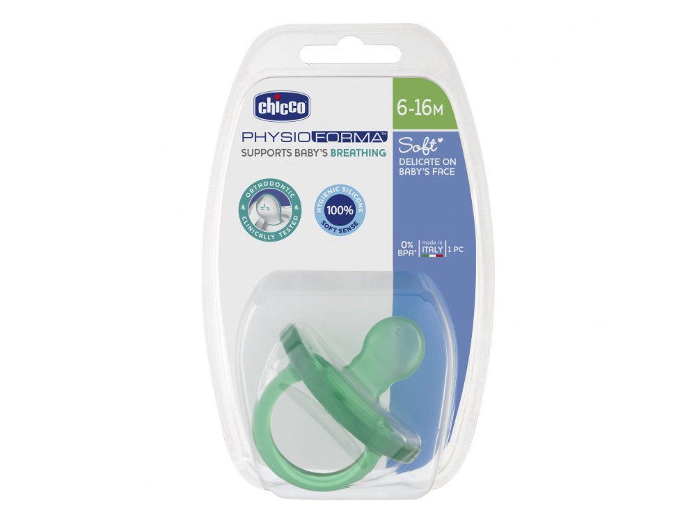 Chicco Physio Soft, Όλο Πιπίλα Σιλικόνης για Ηλικίες 6-16m, Πράσινη - Μώβ, 1τμχ