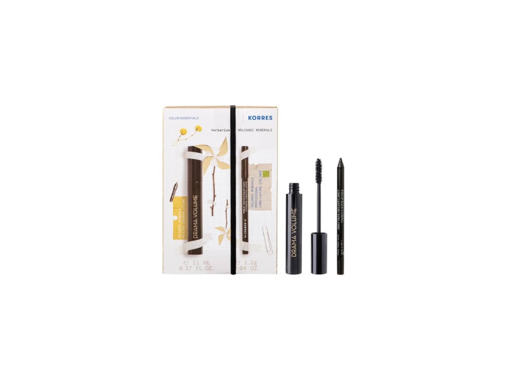 Korres Promo Drama Volume No1 Black Mascara Extreme Volume για Μέγιστο Όγκο Μαύρο, 11ml & Volcanic Minerals Long Lasting Eyeliner No1 Μαύρο Μολύβι 1,2g, 1σετ