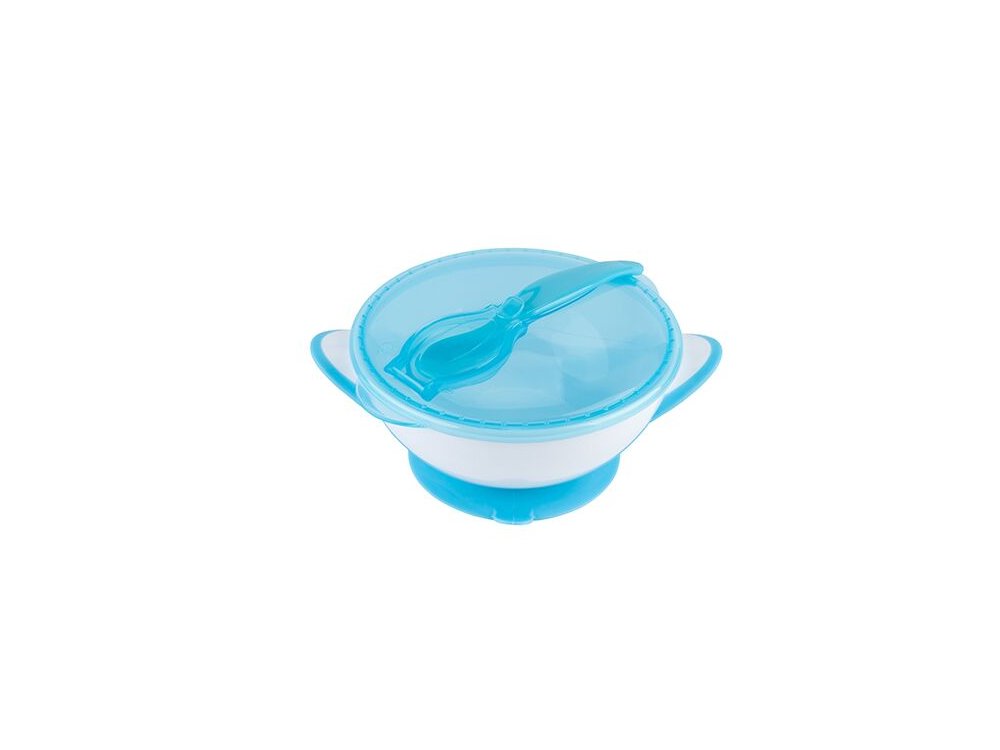 BabyOno Suction Bowl - Spoon, Τάπερ αποθήκευσης και μεταφοράς με κουτάλι, Μπλέ