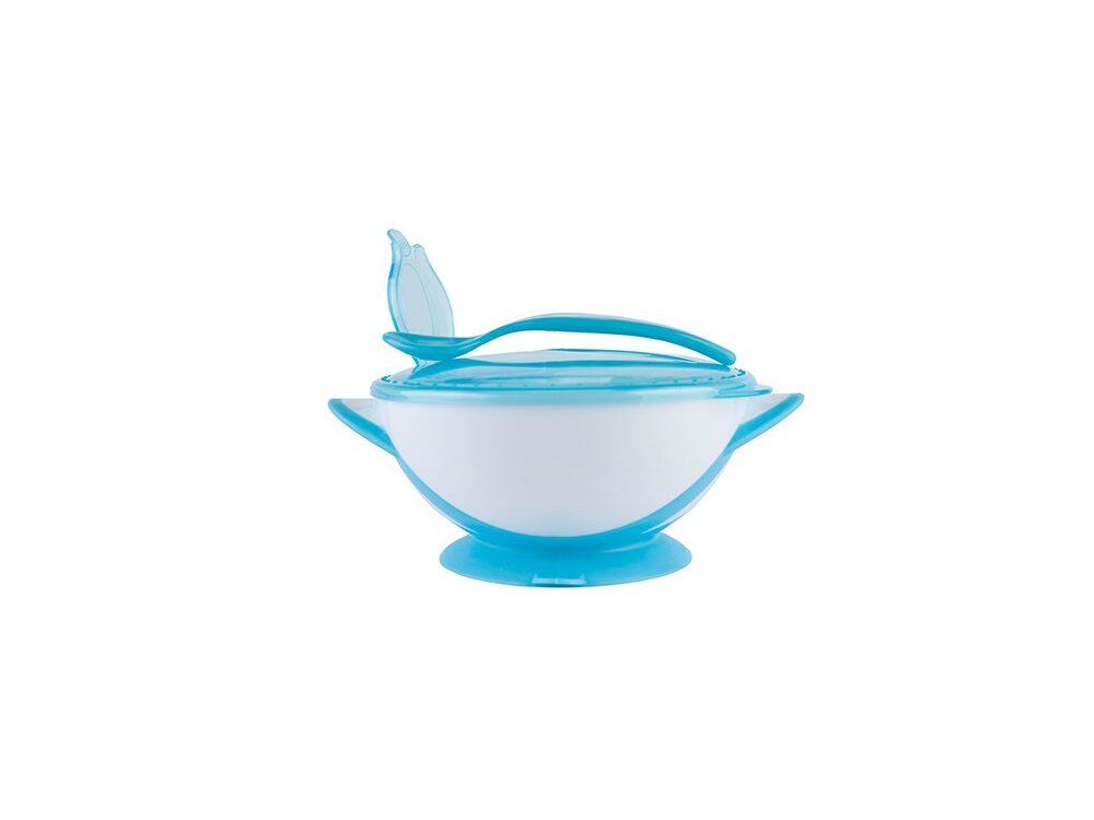 BabyOno Suction Bowl - Spoon, Τάπερ αποθήκευσης και μεταφοράς με κουτάλι, Μπλέ