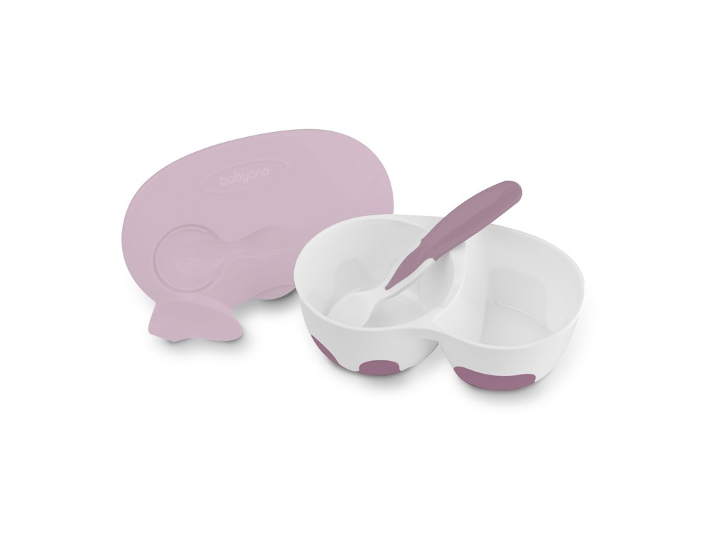 BabyOno Two Chamber Bowl with Spoon, Μπολ Φαγητού με δύο θήκες και κουταλάκι Ρόζ, 1τμχ