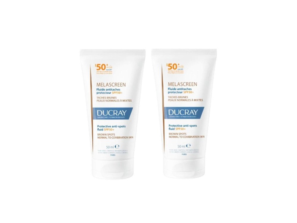 Ducray Melascreen UV Protective Anti-Spots Fluid SPF50+, Αντηλιακή Κρέμα για Κανονικό προς Μικτό Δέρμα με Καφέ Κηλίδες, 2x50ml