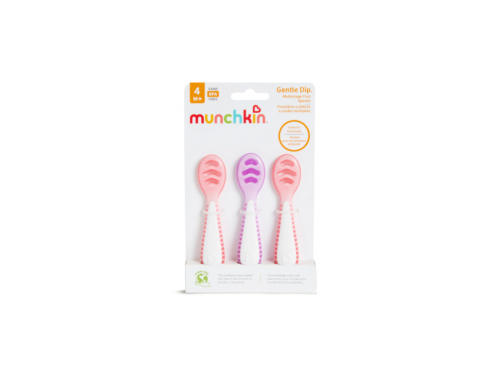 Munchkin Εκπαιδευτικά Βρεφικά Μαλακά Κουτάλια 4m+, Ρόζ-Μώβ, Σετ 3τμχ