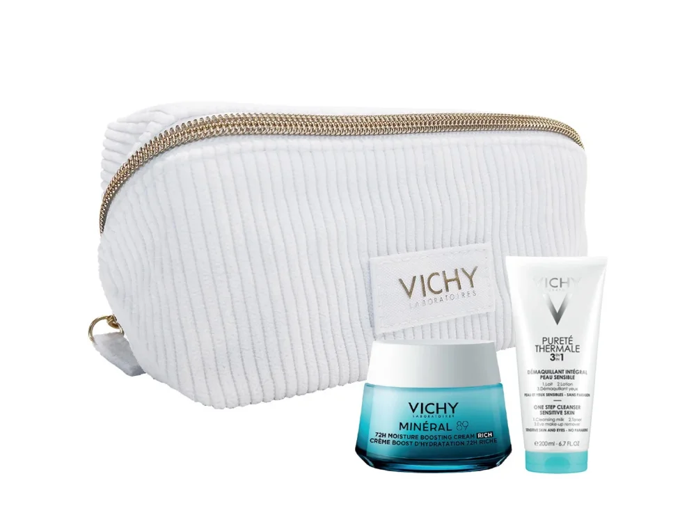 Vichy Mineral 89 Ενυδατική Κρέμα Με Πλούσια Υφή, 50ml & Vichy Purete Thermale Γαλάκτωμα Καθαρισμού Προσώπου 3 Σε 1, 100ml & Δώρο Νεσεσέρ