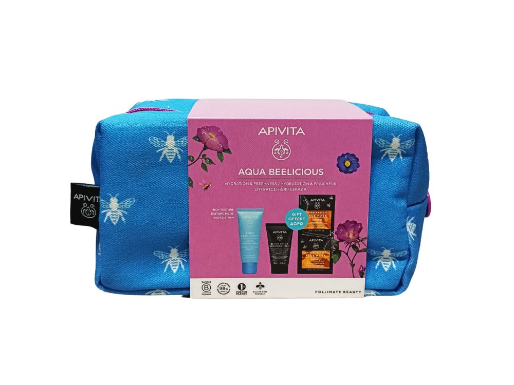 Apivita Promo Aqua Beelicious Απαλή Κρέμα Ενυδάτωσης Πλούσιας Υφής, 40ml & Μαύρο Gel Καθαρισμού Πρoσώπου, 50ml & Express Mask Honey, 2x8ml