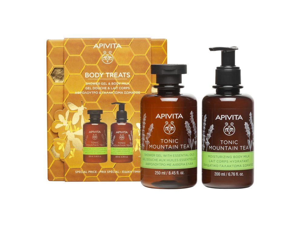 Apivita Body Treats Promo με Tonic Mountain Tea Αφρόλουτρο με Αιθέρια Έλαια, 250ml & Tonic Mountain Γαλάκτωμα Σώματος, 200ml, 1σετ