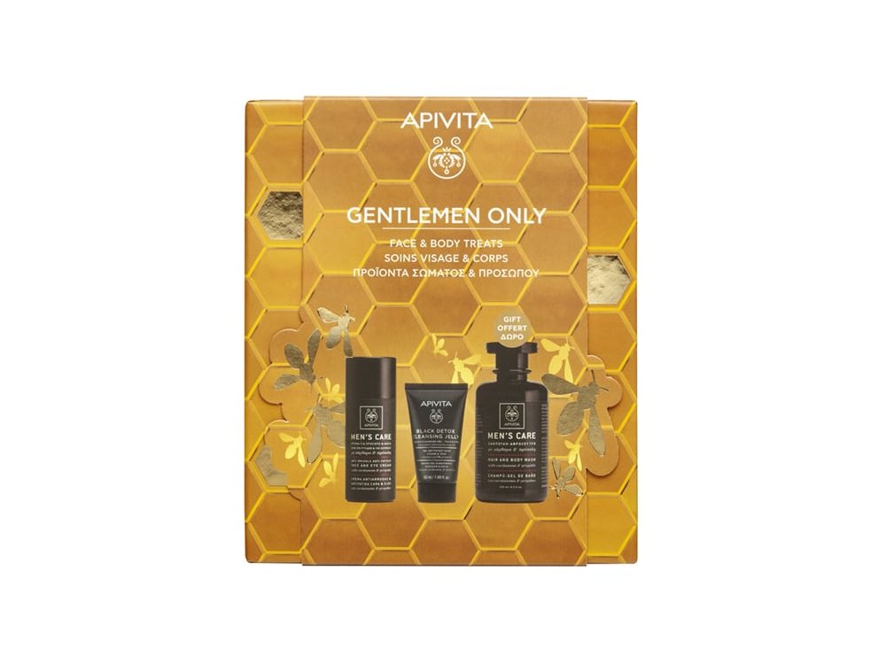 Apivita Gentlemen Only Promo Men's Care Face & Eye Cream Κρέμα για Πρόσωπο & Μάτια, 50ml, Men's Care Black Detox Cleansing Jelly Gel Καθαρισμού για Πρόσωπο & Μάτια, 50ml & Δώρο Men's Care Hair & Body Wash Σαμπουάν - Αφρόλουτρο, 250ml, 1σετ