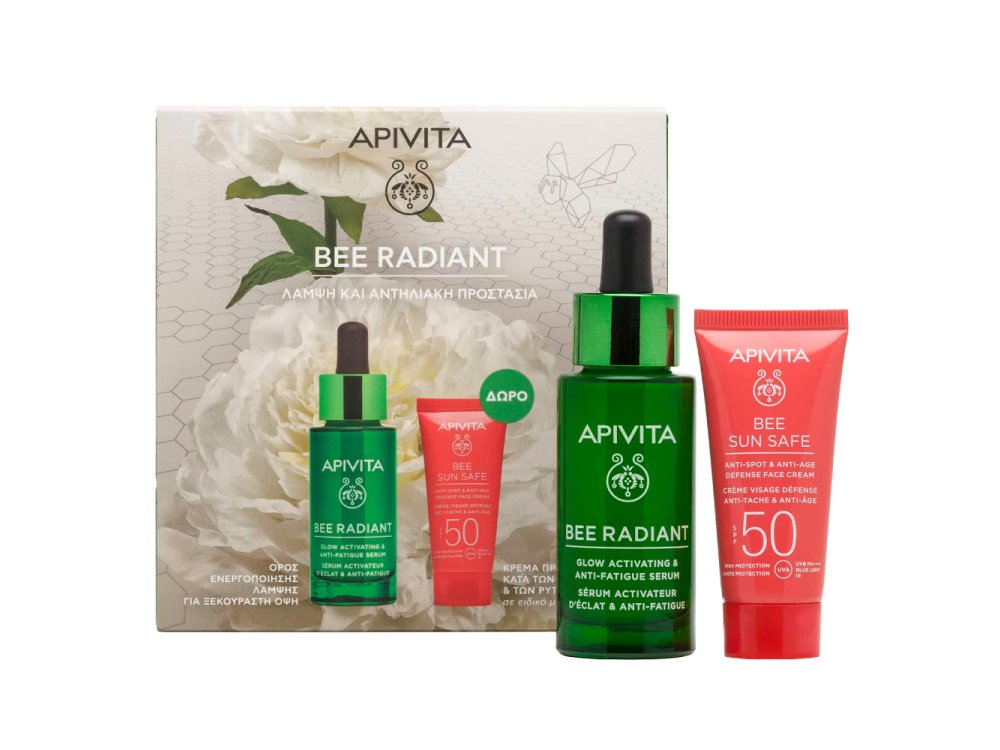 Apivita Promo Bee Radiant Serum Ορός Προσώπου για Λάμψη & Ξεκούραστη Όψη, 30ml & Anti-Spot & Anti-Age Defence Face Cream Κρέμα Προσώπου Κατά των Πανάδων & των Ρυτίδων SPF50, 15ml, 1σετ