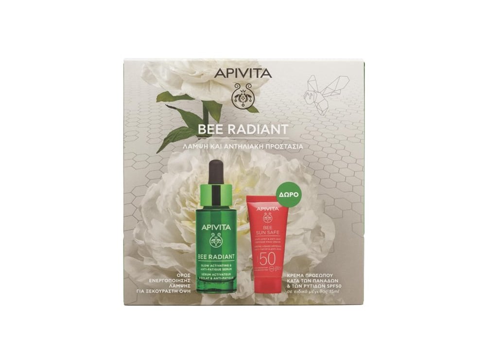 Apivita Promo Bee Radiant Serum Ορός Προσώπου για Λάμψη & Ξεκούραστη Όψη, 30ml & Anti-Spot & Anti-Age Defence Face Cream Κρέμα Προσώπου Κατά των Πανάδων & των Ρυτίδων SPF50, 15ml, 1σετ