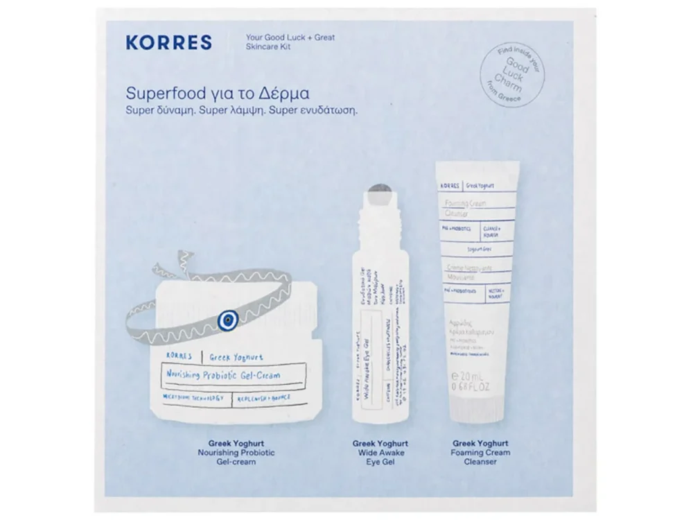 Korres Promo Set Greek Yoghurt Nourishing Probiotic Ενυδατική Κρέμα-Gel, 40ml, Wide Awake Ενυδατικό Gel Ματιών, 15ml, Foaming Cream Αφρώδης Κρέμα Καθαρισμού, 20ml & Δώρο Βραχιόλι Καλής Τύχης