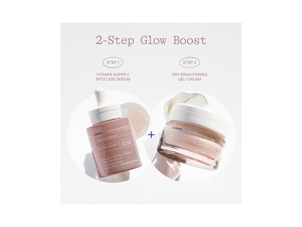 Korres Apothecary Wild Rose 2-Step Glow Boost Promo με Day-Brightening Gel-Cream Κρέμα Προσώπου Ημέρας, 40ml & Δώρο Spotless Serum Διφασικός Ορός Προσώπου για Λάμψη, 15ml, 1σετ