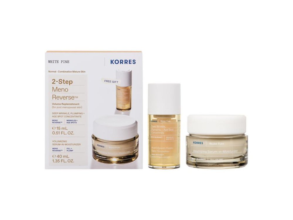 Korres Promo White Pine 2-Step Meno Reverse Λευκή Πεύκη Αναπλήρωση Όγκου με Volumizing Serum-in-Moisturizer Κρέμα Ημέρας, 40ml & Δώρο Deep Wrinkle Plumping + Age Spot Ορός Προσώπου, 15ml, 1σετ