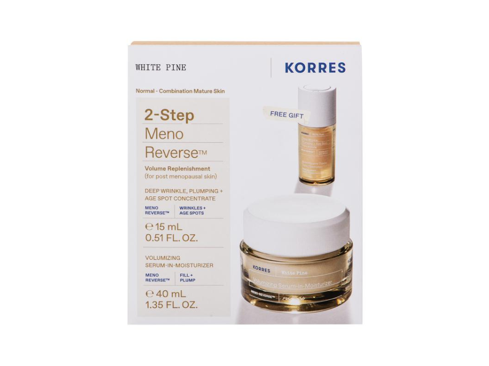 Korres Promo White Pine 2-Step Meno Reverse Λευκή Πεύκη Αναπλήρωση Όγκου με Volumizing Serum-in-Moisturizer Κρέμα Ημέρας, 40ml & Δώρο Deep Wrinkle Plumping + Age Spot Ορός Προσώπου, 15ml, 1σετ