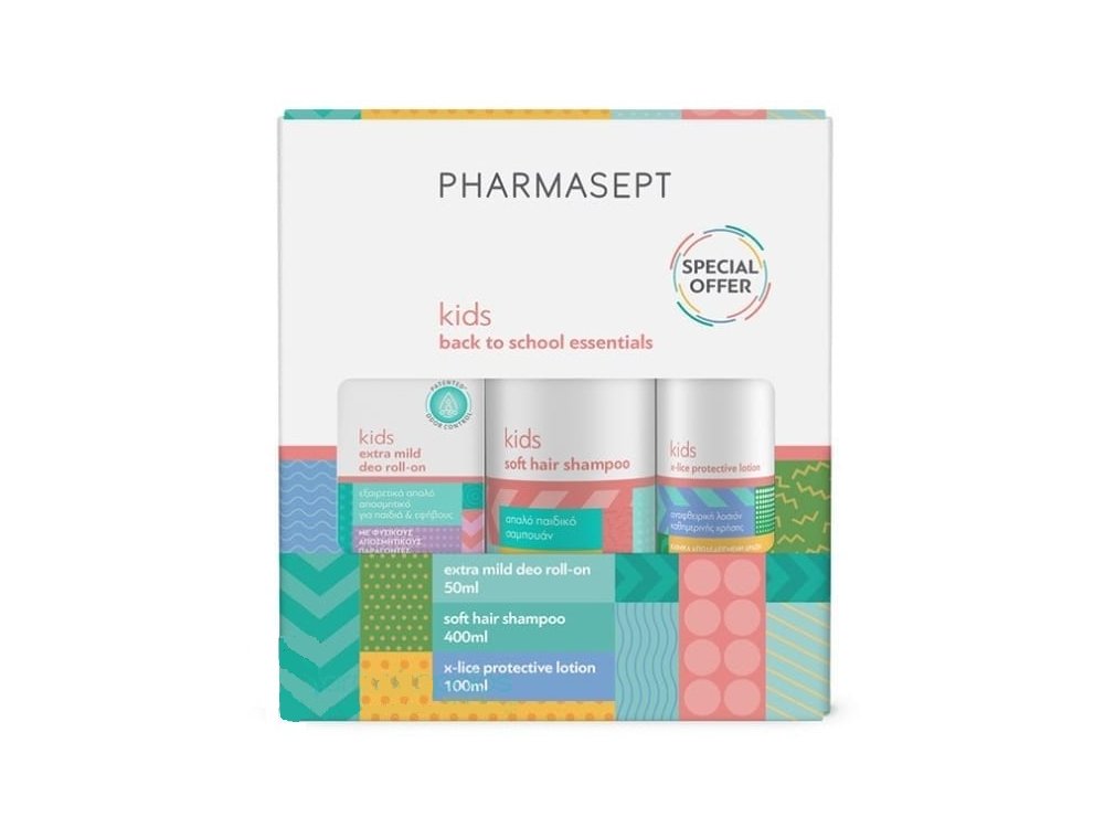 Pharmasept Back to School Promo Pack με Kid Soft Hair Shampoo Παιδικό Σαμπουάν, 400ml, X-Lice Protective Lotion Αντιφθειρική Λοσιόν, 100ml & Kids Extra Mild Deo Roll-On Αποσμητικό για Παιδιά, 50ml, 1σετ