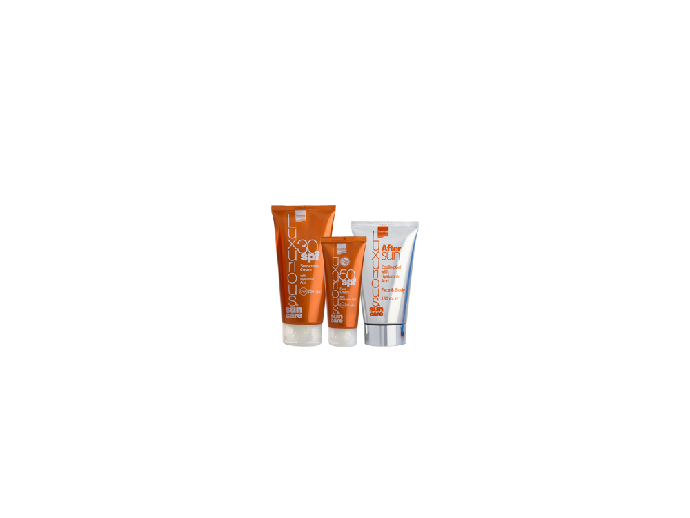 InterMed Luxurious Suncare High Pack & Summer Towel με Αντηλιακή Κρέμα Προσώπου SPF50, 75ml, Αντιηλιακή Κρέμα Σώματος SPF30, 200ml & Δροσιστικό Τζελ για Μετά τον Ήλιο, 150ml & Δώρο Πετσέτα Παραλίας