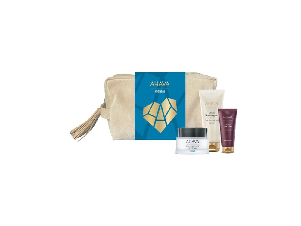 Ahava Hydration Promo Pack Hyaluronic Acid 24/7 Cream Ενυδατική Κρέμα με Υαλουρονικό Οξύ, 50ml, Detox Cleansing Gel Καθαριστικό Τζελ Προσώπου, 100ml, Vivid Burgundy Mineral Hand Cream Αναπλαστική Κρέμα Χεριών, 40ml & Νεσεσέρ, 1σετ