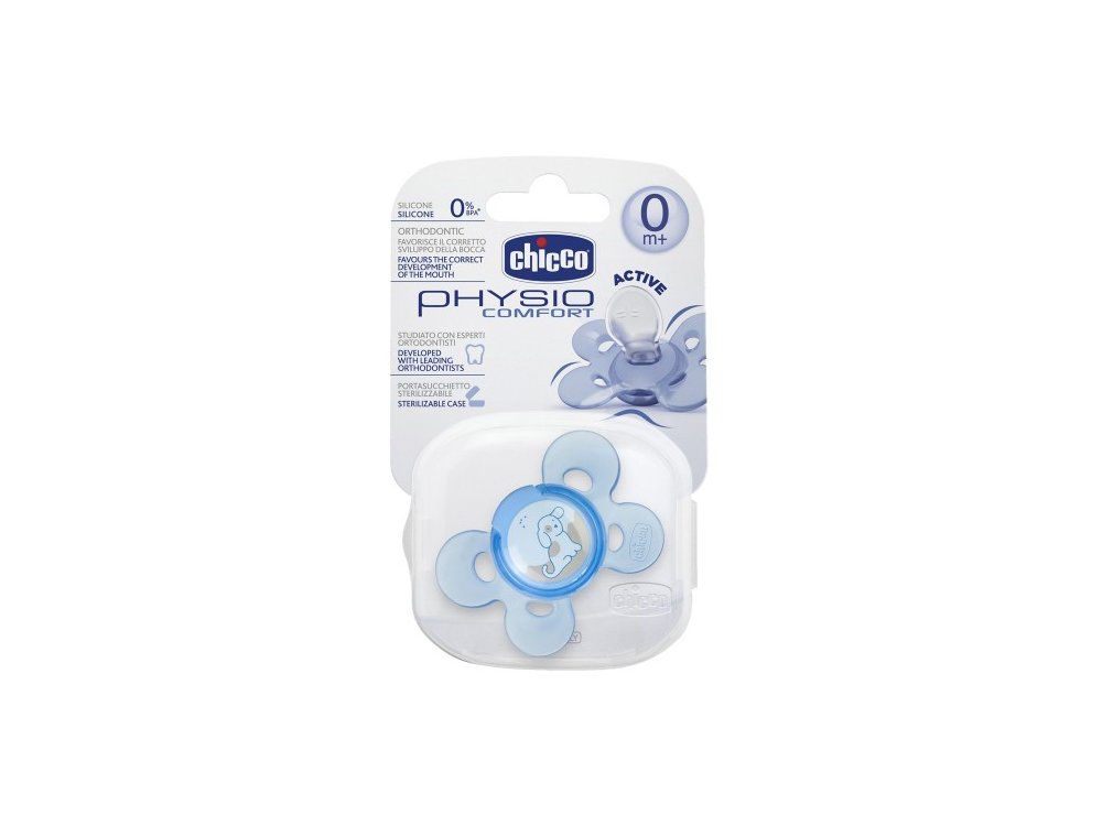 Chicco Physio Comfort Active, Πιπίλα Σιλικόνης με θήκη, 0m+, Μπλέ, 1τμχ