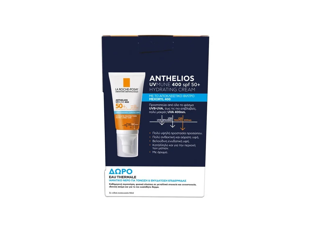 La Roche Posay Promo Anthelios UVMune 400 Hydrating Cream Αντηλιακή Ενυδατική κρέμα προσώπου SPF50+, 50ml & Eau Thermal Ιαματικό Νερό, 50ml