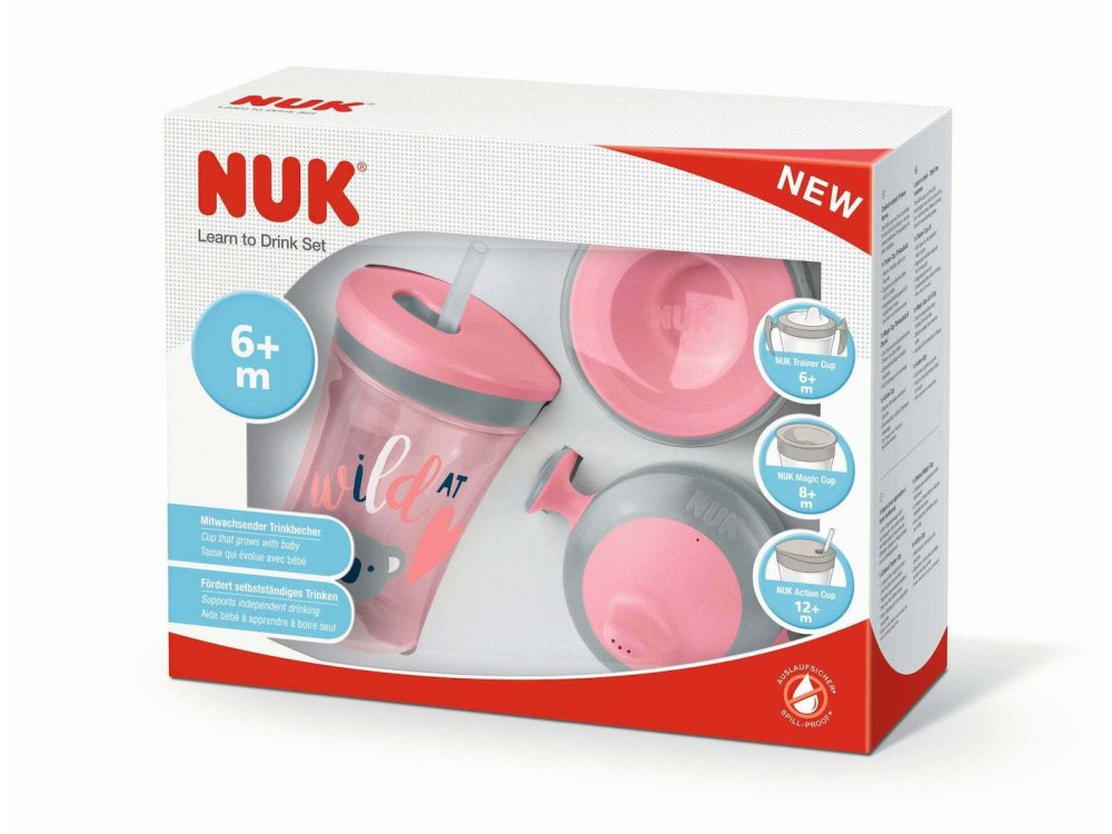 Nuk Learn To Drink Set Πλαστικό Ροζ για 6m+ Ποτηράκι με Λαβές και Καλαμάκι, 230ml