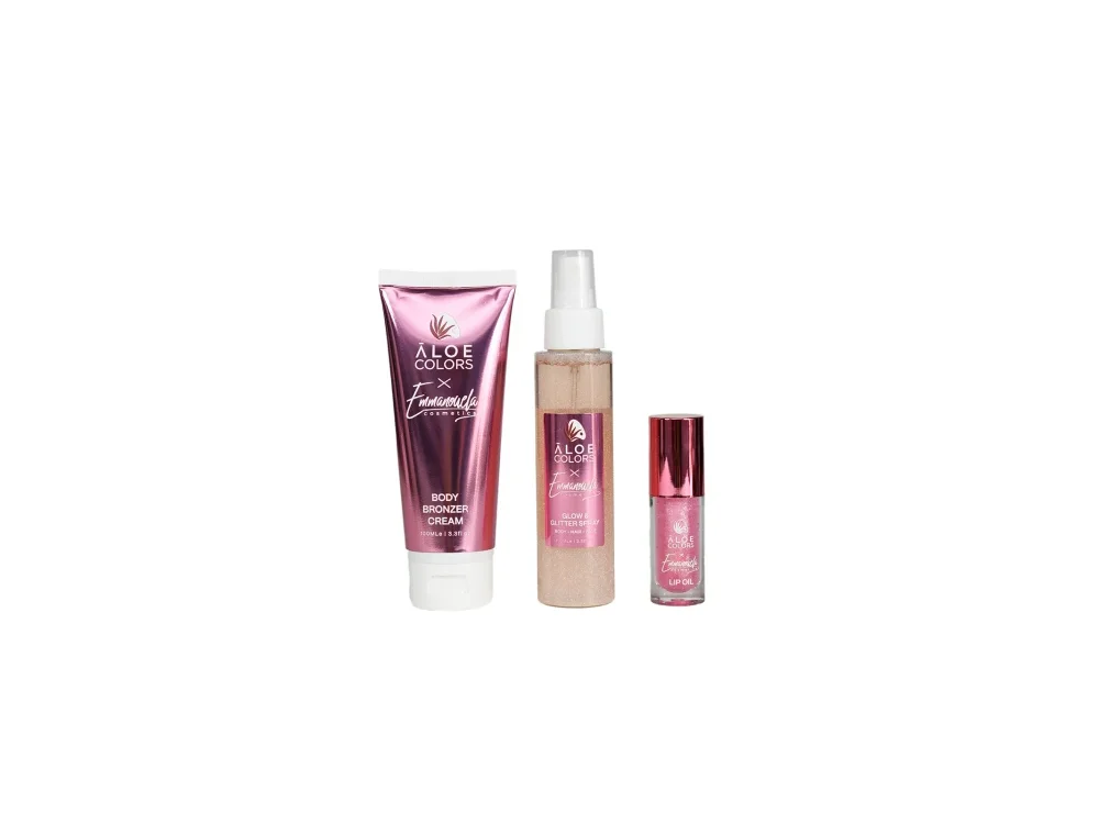 Aloe Colors x Emmanouela Cosmetics Ready to Glow Set με Golden Body Bronzer Cream Κρέμα Σώματος, 100ml & Secret Glow & Glitter Spray Λάμψης, 100ml & Lip Oil Έλαιο Χειλιών, 10ml