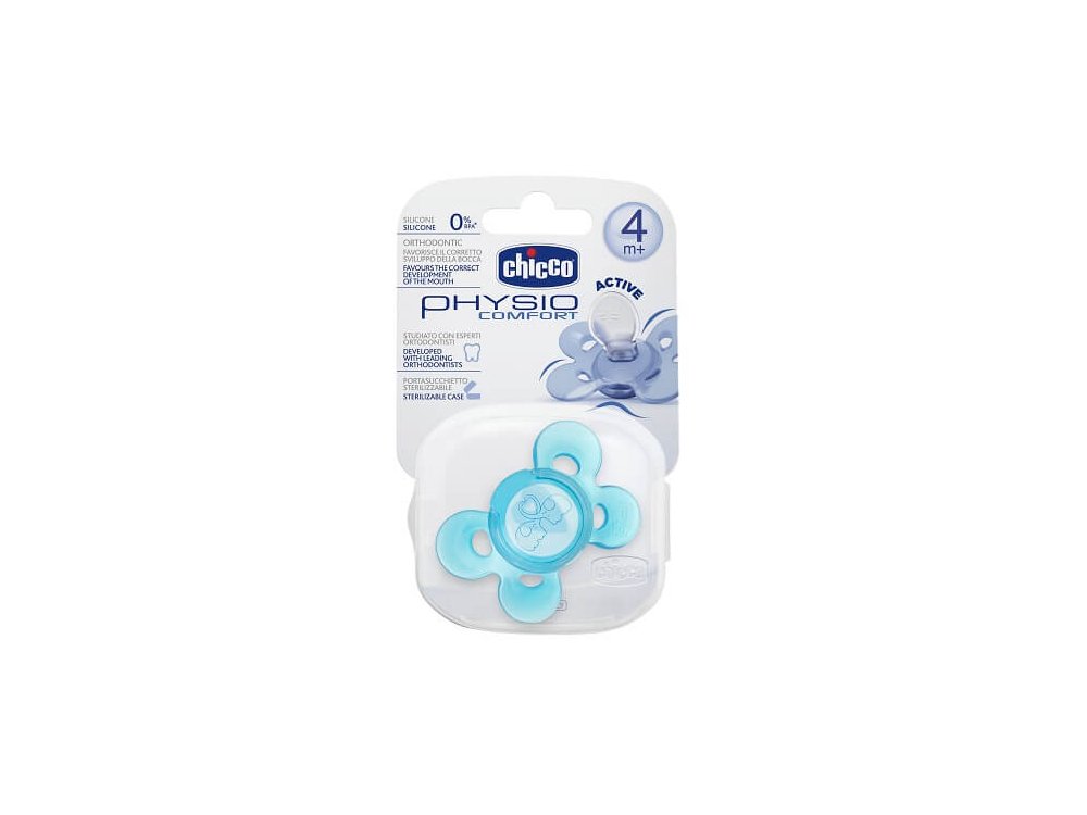 Chicco Physio Comfort Active, Πιπίλα Σιλικόνης με θήκη, 4m+, Μπλέ, 1τμχ