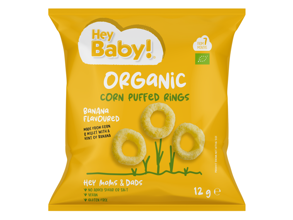 Hey Baby! Organic Corn Puffs Banana Flavoured Βιολογικό Σνακ Καλαμποκιού με Γεύση Μπανάνα, 12g