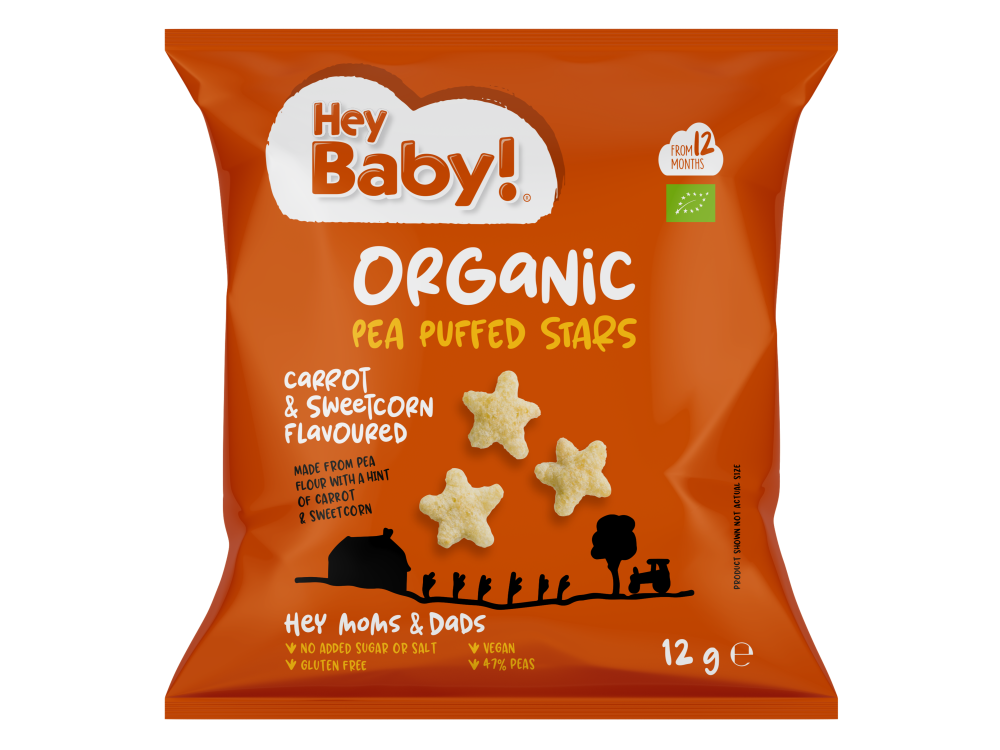 Hey Baby! Organic Pea Puffed Stars Carrot & Sweetcorn Flavoured Βιολογικό Σνακ Καλαμποκιού με Γεύση Καρότο & Γλυκό Καλαμπόκι, 12g