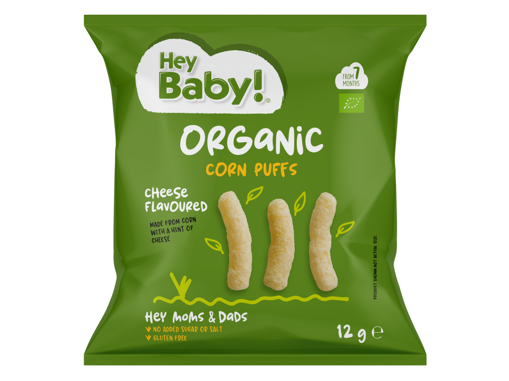 Hey Baby! Organic Corn Puffs Cheese Flavoured Βιολογικό Σνακ Καλαμποκιού με Γεύση Τυρί, 12g