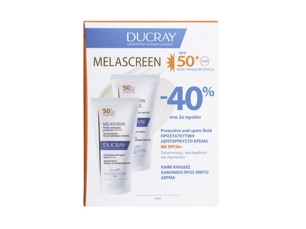 Ducray Melascreen UV Protective Anti-Spots Fluid SPF50+, Αντηλιακή Κρέμα για Κανονικό προς Μικτό Δέρμα με Καφέ Κηλίδες, 2x50ml