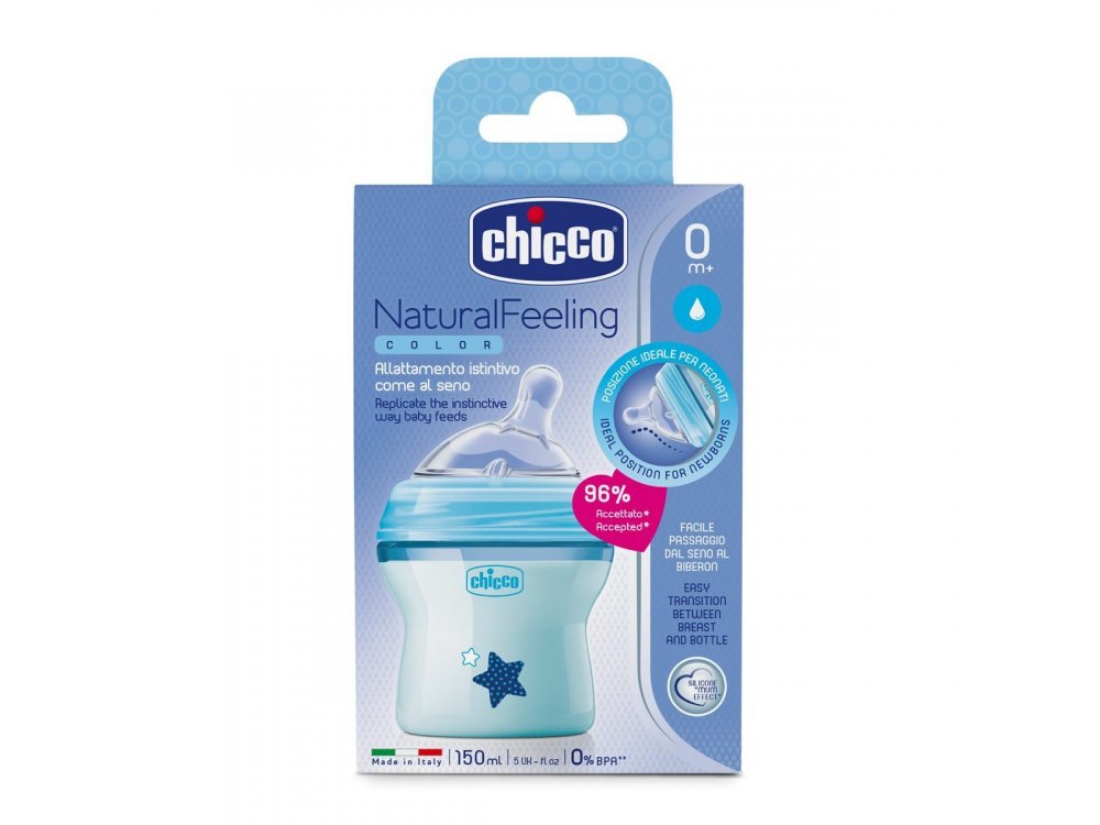 Chicco Natural Feeling Πλαστικό Μπιμπερό με Θηλή Σιλικόνης, Κανονικής Ροής, Σιέλ, 0m+, 150ml