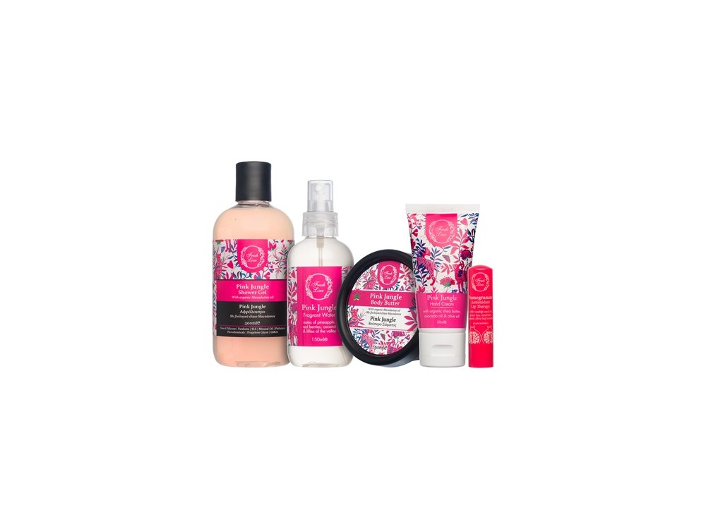 Fresh Line Promo Pink Jungle Αφρόλουτρο 300ml- Βούτυρο Σώματος 150ml- Αρωματικό Νερό Σώματος 150ml- Κρέμα Χεριών 50ml & Αντιοξειδωτική Θεραπεία Χειλιών 5,4g, Σετ 5τμχ