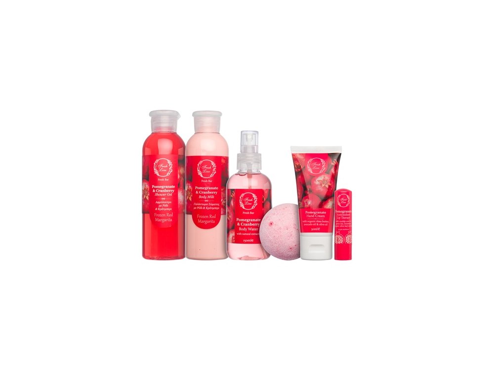 Fresh Line Promo Pomegranate & Cranberry The Gift of Prosperity Αφρόλουτρο 200ml - Γαλάκτωμα Σώματος 200ml - Αρωματικό Νερό Σώματος 150ml -Χειροποίητη Αναβράζουσα Μπάλα 120g - Κρέμα Χεριών 50ml & Αντιοξειδωτική Θεραπεία Χειλιών 5,4gr, Σετ 6τμχ