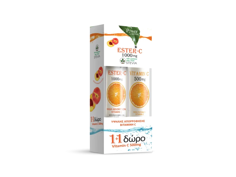 Power Health Set Συμπλήρωμα Διατροφής με Στέβια Ester C 1000mg με Γεύση Ροδάκινο, 20tabs & Δώρο Vitamin C 500mg με Γεύση Πορτοκάλι, 20tabs