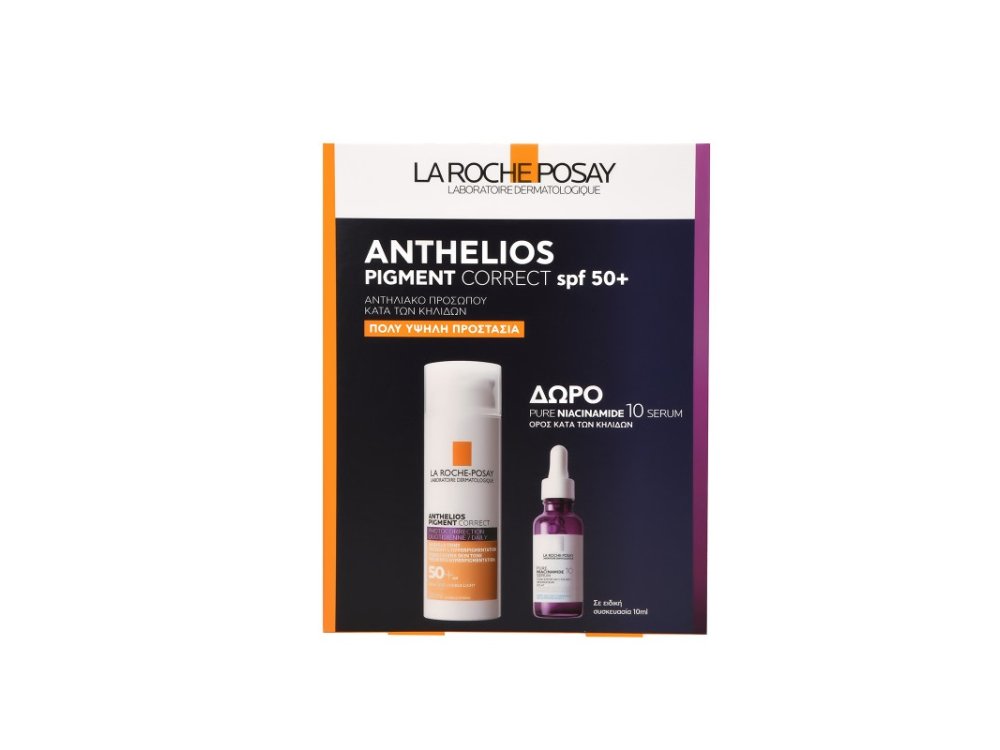 La Roche Posay Promo Anthelios Pigment Correct, Αντηλιακό προσώπου Κατά των Κηλίδων SPF50+, 50ml & Δώρο Pure Niacinamide 10 Serum, 10ml