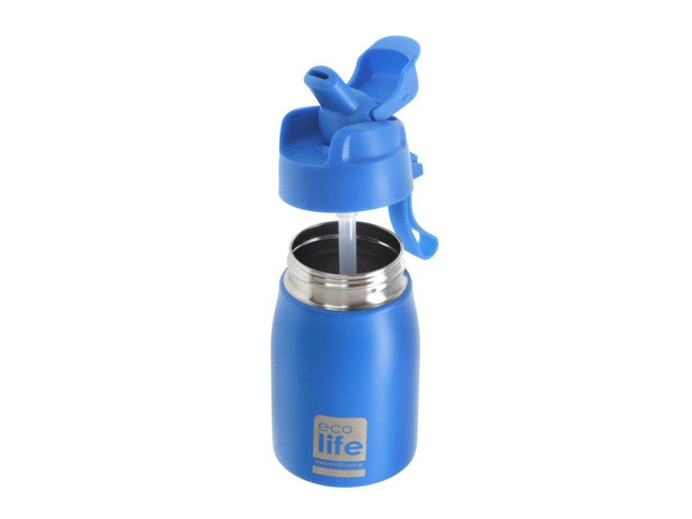 Eco Life Kids Bottle, Μεταλλικό Παγουράκι Με Καλαμάκι, Μπλέ, 400ml