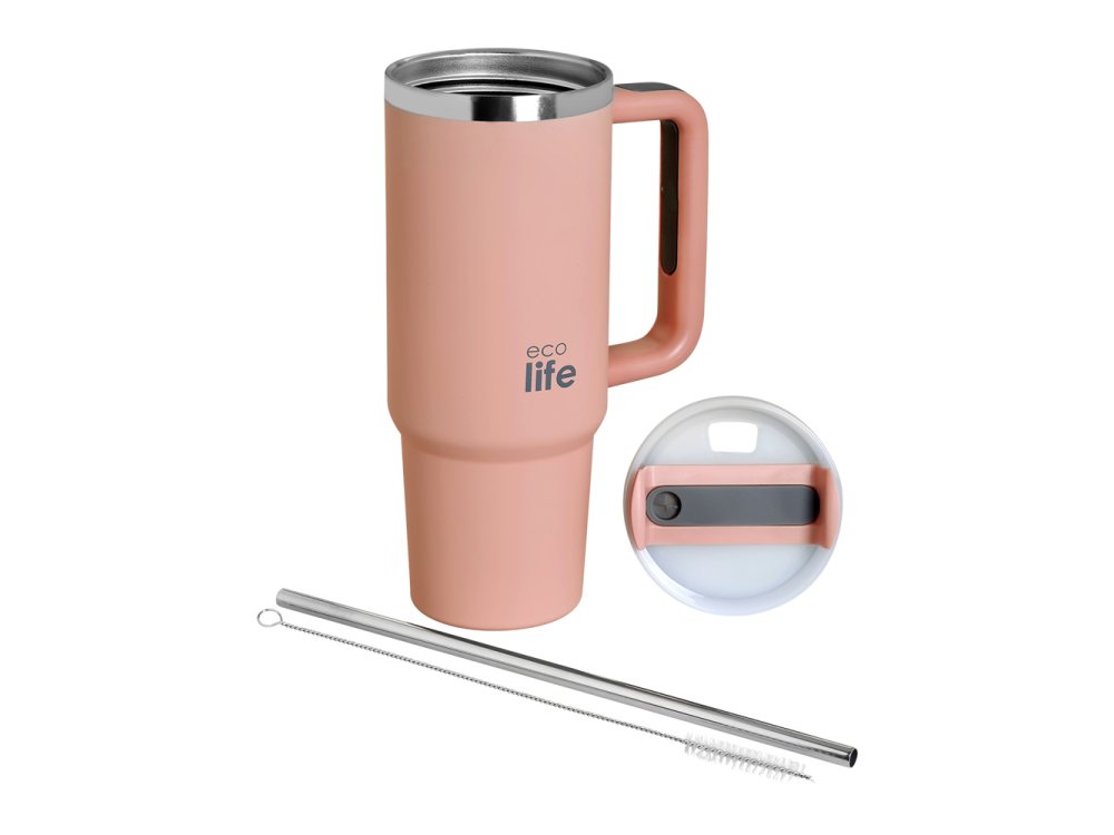 Eco Life  Flamingo Pink Eco Friendly, Ανοξείδωτο Ποτήρι Θερμός με Καλαμάκι, 900ml