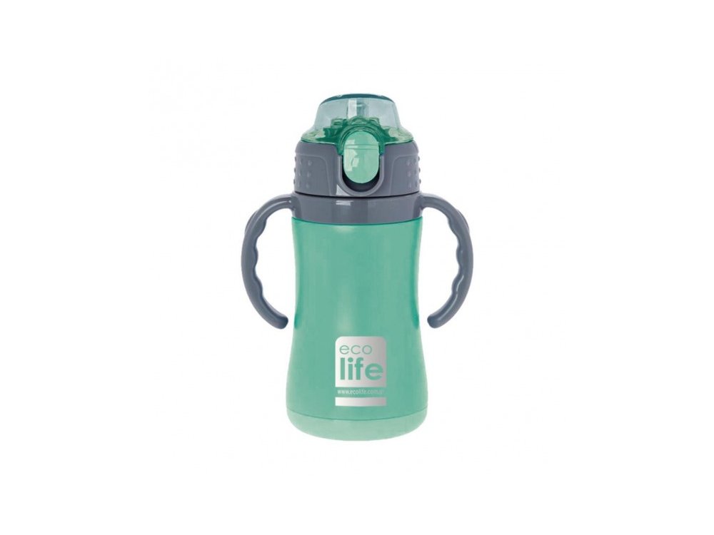 Eco Life Kids Thermos, Παγουράκι Θερμός Inox με Διπλό Τοίχωμα με Καλαμάκι, Χρώμα Mint, 300ml