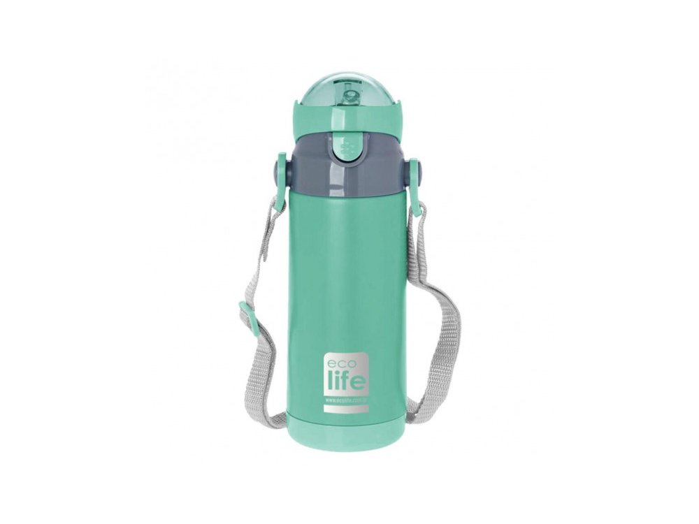 Eco Life Kids Thermos, Παγουράκι Θερμός Inox με Διπλό Τοίχωμα με Καλαμάκι, Χρώμα Μέντα, 400ml