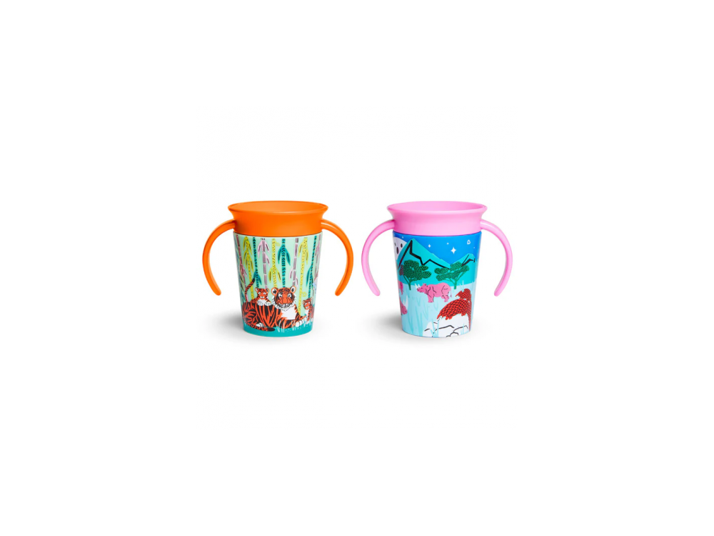 Munchkin Miracle 360° Deco Sippy Cups Rhino & Tiger, Εκπαιδευτικό Κύπελλο-Ποτήρι με καπάκι, 177ml, 2τμχ