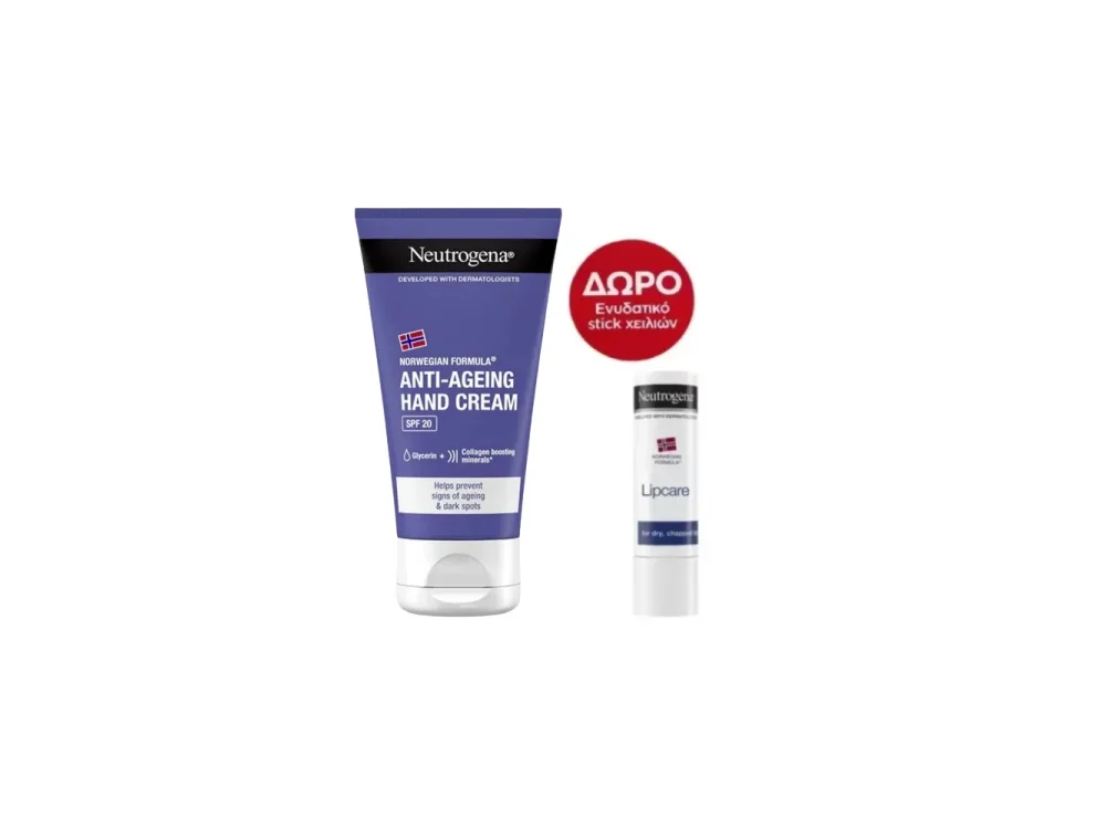 Neutrogena Promo Box Anti-Age Hand Cream & Lip Balm, Αντιγηραντική Κρέμα Χεριών με SPF20 75ml & ΔΩΡΟ Lipcare Ενυδατικό Lip Balm Χειλιών 4.8g, 1σετ