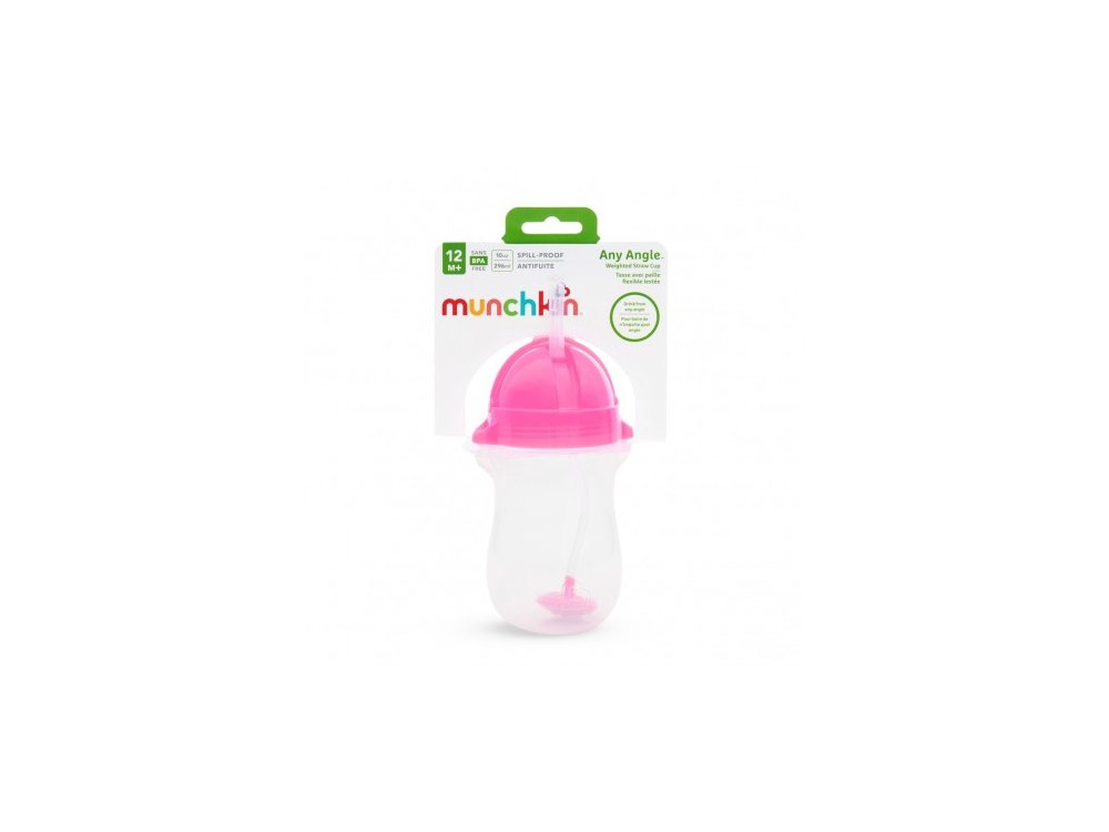 Munchkin Tip & Sip Straw Cup, Pink 12m+, Εκπαιδευτικό κύπελλο με Καλαμάκι, Ροζ, 296ml