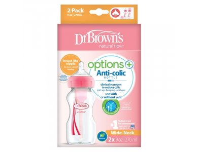 Dr. Brown's Promo Pack Options+, Πλαστικό Μπιμπερό Φαρδύς Λαιμός-Ροζ, 0m+, 270ml, 2τμχ