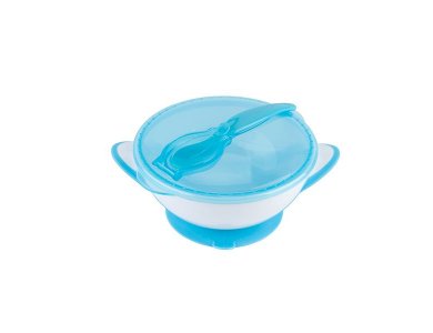 BabyOno Suction Bowl - Spoon, Τάπερ αποθήκευσης και μεταφοράς με κουτάλι, Μπλέ