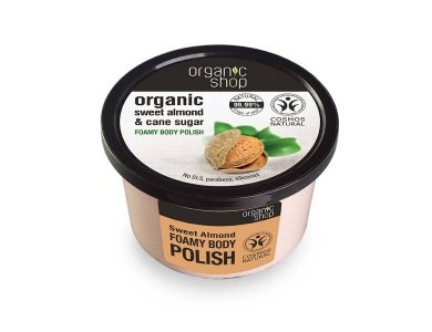 Organic Shop Body polish Sweet Almond, Αφρώδες  Scrub σώματος,  Γλυκό Αμύγδαλο & Ζάχαρη Ζαχαροκάλαμου, 250ml