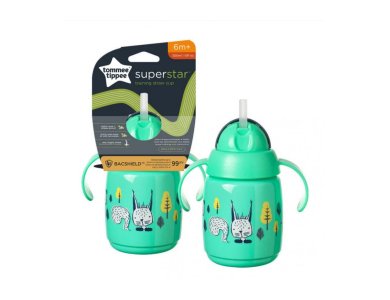 Tommee Tippee Παιδικό Ποτηράκι-Παγούρι με Λαβές και Καλαμάκι "Superstar" από Πλαστικό Πράσινο 6m+ 300ml