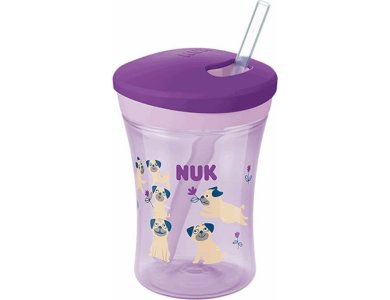 Nuk Action Cup Purple Dogs 12m+ Εκπαιδευτικό Παγουράκι με Καλαμάκι, 230ml