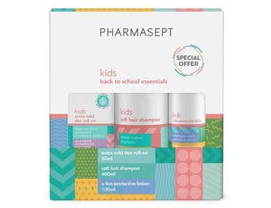 Pharmasept Back to School Promo Pack με Kid Soft Hair Shampoo Παιδικό Σαμπουάν, 400ml, X-Lice Protective Lotion Αντιφθειρική Λοσιόν, 100ml & Kids Extra Mild Deo Roll-On Αποσμητικό για Παιδιά, 50ml, 1σετ