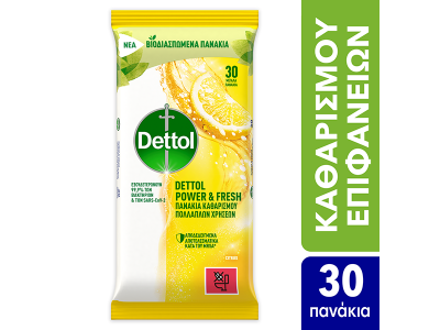 Dettol Υγρά Απολυμαντικά Πανάκια Καθαρισμού Επιφανειών με Άρωμα Λεμόνι & Lime, 30τμχ