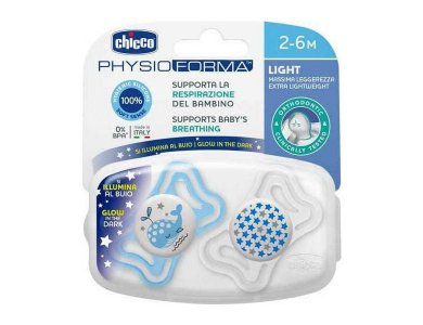 Chicco Physio Forma Light Εργονομική Πιπίλα Νύχτας με Θηλή Σιλικόνης για Ηλικίες 2-6m, 2τμχ