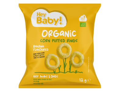 Hey Baby! Organic Corn Puffs Banana Flavoured Βιολογικό Σνακ Καλαμποκιού με Γεύση Μπανάνα, 12g